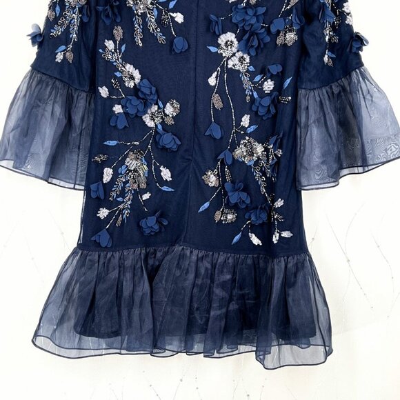 Marchesa Notte Navy Blue Tunic-Cut 3D Flowers Cocktail Dress $795 - Picture 8 of 9